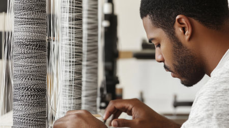 Focused Artisan Weaving at Loom Skillful Textile Creation in Modern Workshop.の素材