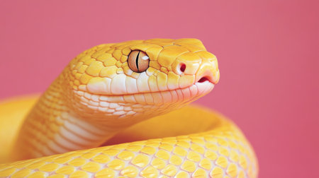 Vibrant Yellow Snake Against Pink Background A CloseUp Capturing Reptilian Elegance.の素材