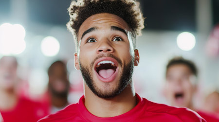 Excited Sports Fan Celebrates Victory in Red Jersey at Stadium Gathering.の素材