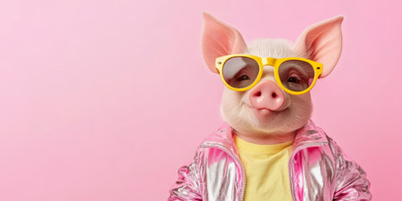 Trendy Pig in Yellow Sunglasses and Stylish Outfit Against Pink Background.の素材