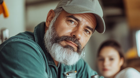 Bearded Man in Green Jacket and Cap with Woman in Background.の素材