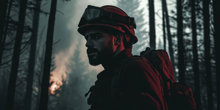 Silhouette of a Firefighter in a Smoky Forest Scene at Dusk.の素材