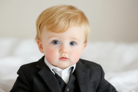 Adorable Baby in Formal Suit with Curious Expression on Bed.の素材