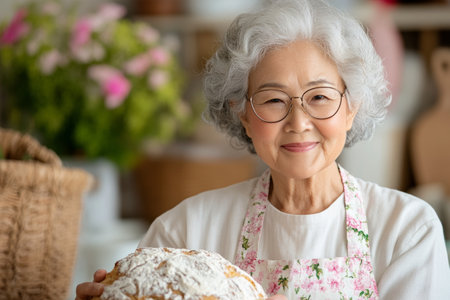 Elderly Woman Baking Bread at Home Embracing Tradition and Culinary Artistry.の素材