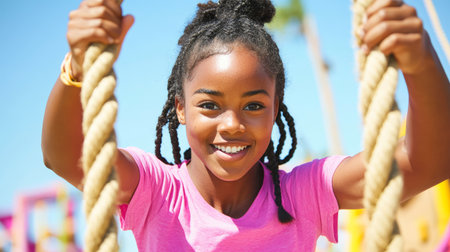 Joyful Young Girl on Playground Swing Under Sunny Blue Sky.の素材
