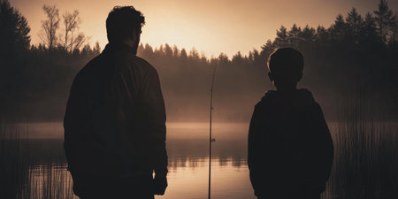 Silhouette of Father and Son Fishing at Sunrise by a Serene Lake.の素材