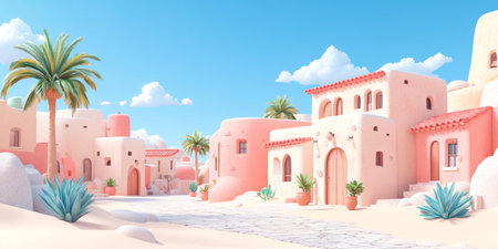 Pastel Desert Oasis Surreal Adobe Village Under a Clear Blue Sky.の素材