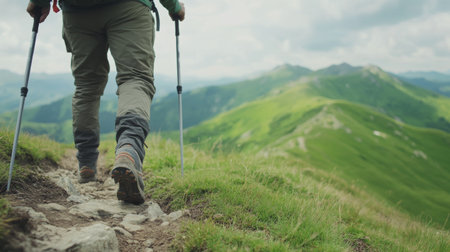 Adventure Hiker Exploring Scenic Mountain Trails with Walking Fields.の素材