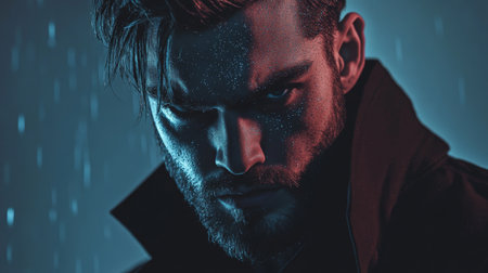 Moody Portrait of Bearded Man in Rain Under Dramatic Lighting.の素材