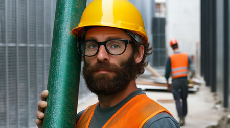 Construction Worker with Beard and Glasses Holding Pipe on Site.の素材