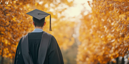 Autumn Graduation Student in Cap and Gown Walking Among Golden Leaves.の素材