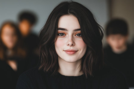 Close Up Portrait of Smiling Young Woman with Dark Hair and Minimal Makeup in Casual Setting.の素材