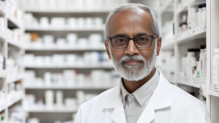 Experienced Pharmacist in Modern Pharmacy with Diverse Medicine Selection.の素材