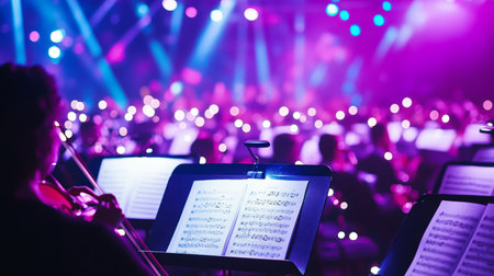 Vibrant Symphony Concert Musicians Performing Under Colorful Lights.の素材