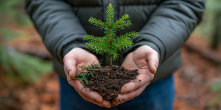 Hands Holding Seedling with Soil in Forest for Environmental Conservation and Nature Preservation.の素材