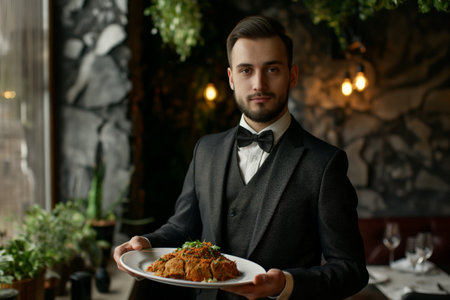 Waiter in Elegant Suit Serving Gourmet Dish in Upscale Restaurant Setting.の素材