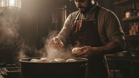 Chef Preparing Steamed Buns in Rustic Kitchen with Steam Rising.の素材
