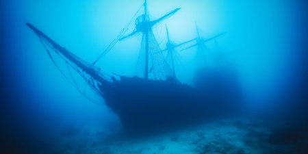 Mysterious Underwater Shipwreck in Deep Ocean Waters.の素材