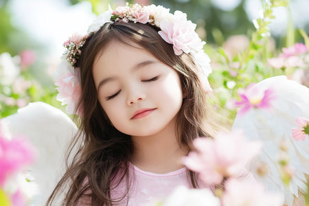 Serene Child with Flower Crown and Angel Wings in Blooming Garden.の素材