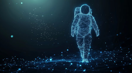 Futuristic Wireframe Astronaut in Cosmic Digital Space.の素材
