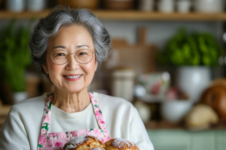Smiling Senior Woman Baking Fresh Bread in Cozy Home Kitchen.の素材