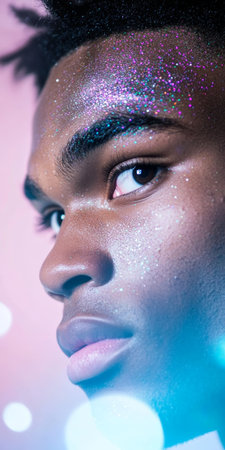 Young Model with Glitter Makeup in Ethereal Light Close Up.の素材