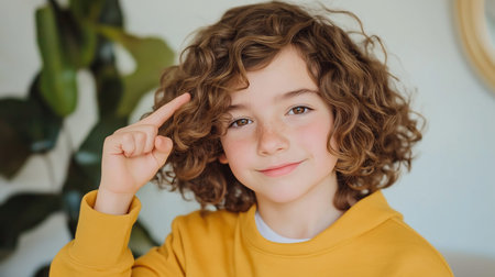 Cheerful Child with Curly Hair Posing in Yellow Sweater Indoors.の素材