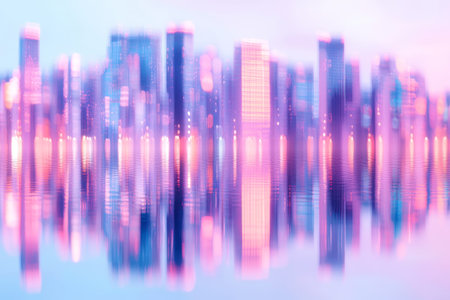 Dreamy Pastel Cityscape Reflection with Blurred Skyscrapers in Twilight Glow.の素材