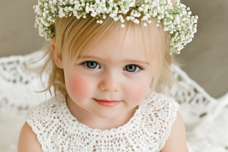 Adorable Blonde Child in Lace Dress with Flower Crown Smiling Gently.の素材