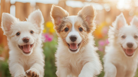 Three Playful Puppies Frolicking in a Sunny Garden Landscape.の素材