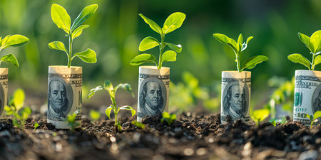 Growing Dollar Bills as Plants in Soil Representing Investment Growth and Financial Success.の素材