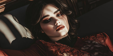 Elegant Woman in Dramatic Lighting with Bold Makeup and Lace Detail.の素材