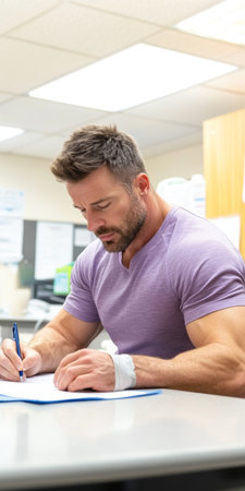 Focused Man Writing at Desk in Casual Office Setting.の素材