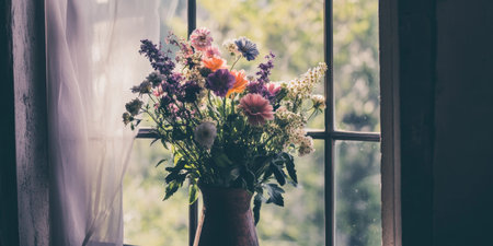 Rustic Vase with Fresh Wildflowers by Sunlit Window in Tranquil Countryside Home.の素材