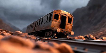 Rusty Abandoned Train Car on Rocky Tracks in a Dramatic Mountainous Landscape.の素材
