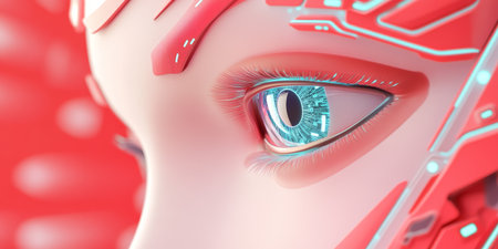 Futuristic Cybernetic Eye with Neon Red and Blue Digital Interface.の素材