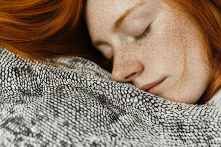Peaceful Rest Close Up of Freckled Woman Sleeping with Serene Expression.の素材