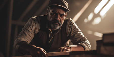 Focused Carpenter at Work in Sunlit Workshop.の素材