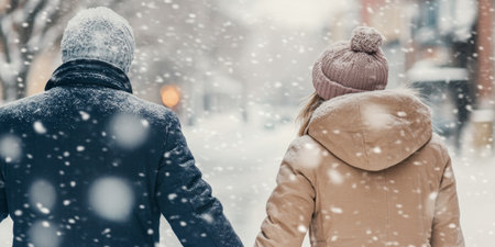 Couple Holding Hands in Winter Snowfall Warm Clothing and Love in Cold Weather.の素材