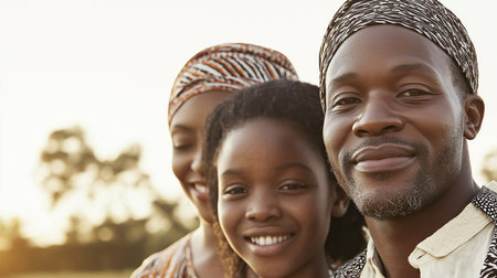 Happy Family in Traditional African Attire Smiling Outdoors at Sunset.の素材