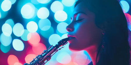 Silhouette of Musician Playing Saxophone Against Vibrant Bokeh Background.の素材