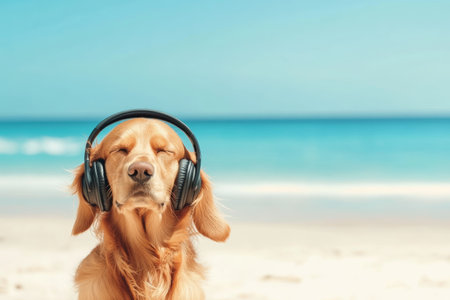 Golden Retriever Enjoying Music with Headphones on a Sunny Beach Day.の素材