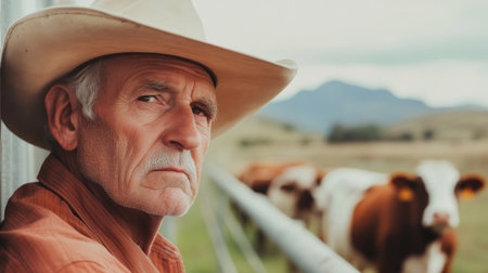 Rugged Cowboy with Cattle in Scenic Rural Landscape.の素材