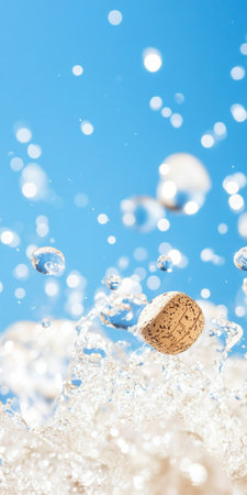 Champagne Cork Pops with Splash and Sparkle Under Clear Blue Sky.の素材