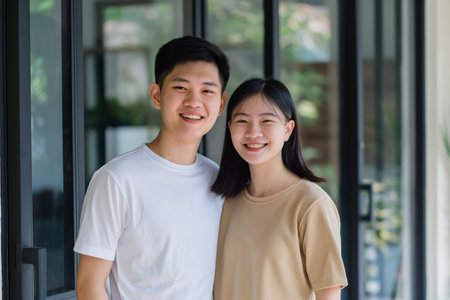 Happy Young Couple Smiling Together in Casual Clothing at Home.の素材