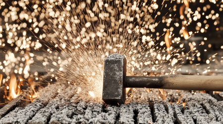 Hammer and Sparks Dynamic Industrial Metalwork with Fiery Energy.の素材