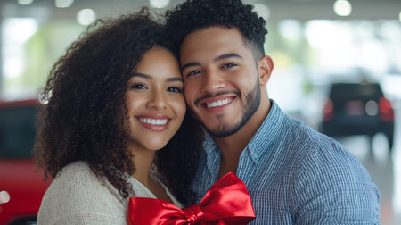 Happy Couple Embracing with Gift Ribbon in a Car Showroom.の素材