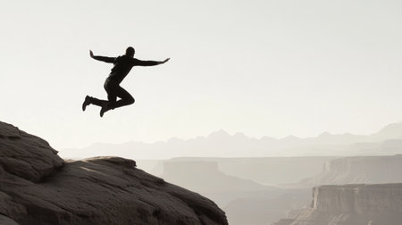 Silhouette of Adventurer Jumping Across Rocks in Mountainous Landscape.の素材
