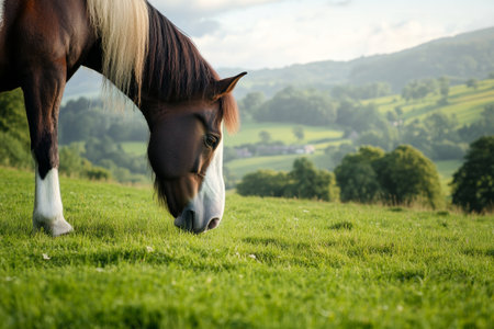 Majestic Horse Grazing in Serene Countryside Landscape on a Sunny Day.の素材