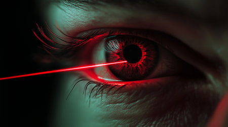 Close Up of Human Eye with Red Laser Beam in Futuristic Technology Setting.の素材